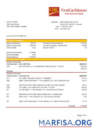Blank Canada CIBC bank statement word download for verification
